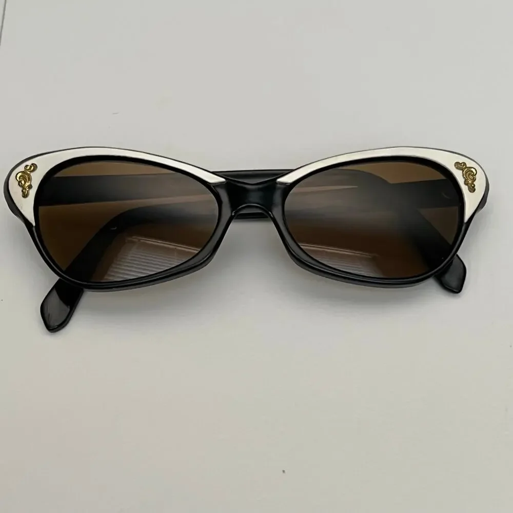 VINTAGE 1950's-60's SUNGLASSES | White, Black & Gold Accent Cat-Eye | Small